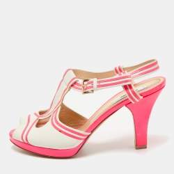 Moschino Neon Pink/White Leather Strappy Peep Toe Sandals Size 39