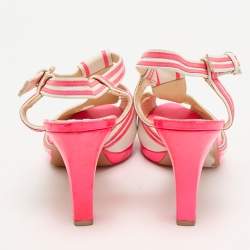 Moschino Neon Pink/White Leather Strappy Peep Toe Sandals Size 39