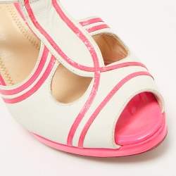 Moschino Neon Pink/White Leather Strappy Peep Toe Sandals Size 39