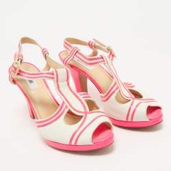 Moschino Neon Pink/White Leather Strappy Peep Toe Sandals Size 39