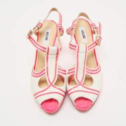 Moschino Neon Pink/White Leather Strappy Peep Toe Sandals Size 39