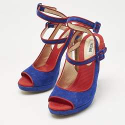 Pre Owned Moschino Red/Blue Suede Buckle Ankle Strap Sandals Size 38.5