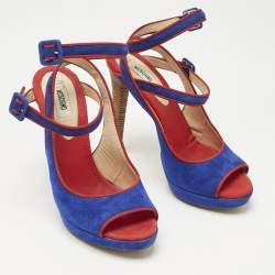 Pre Owned Moschino Red/Blue Suede Buckle Ankle Strap Sandals Size 38.5