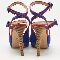 Pre Owned Moschino Red/Blue Suede Buckle Ankle Strap Sandals Size 38.5