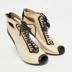 Pre Owned Moschino Beige/Black Leather Cutot Peep Toe Ankle Boots Size 36