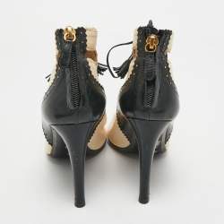 Pre Owned Moschino Beige/Black Leather Cutot Peep Toe Ankle Boots Size 36