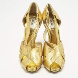 Pre Owned Moschino Gold Python Embossed Leather Cut Out Peep Toe Pumps Size 40