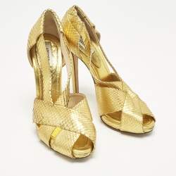 Pre Owned Moschino Gold Python Embossed Leather Cut Out Peep Toe Pumps Size 40