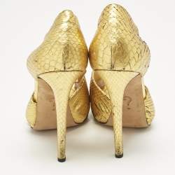 Pre Owned Moschino Gold Python Embossed Leather Cut Out Peep Toe Pumps Size 40
