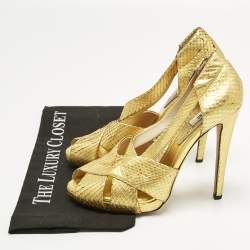 Pre Owned Moschino Gold Python Embossed Leather Cut Out Peep Toe Pumps Size 40