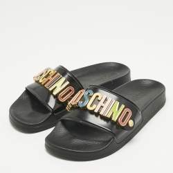 Pre Owned Moschino Black Rubber Logo Flat Slides Size 37