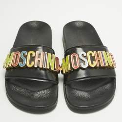 Pre Owned Moschino Black Rubber Logo Flat Slides Size 37