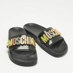 Pre Owned Moschino Black Rubber Logo Flat Slides Size 37
