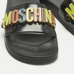 Pre Owned Moschino Black Rubber Logo Flat Slides Size 37