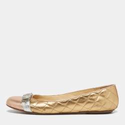 Pre Owned Moschino Gold Leather Logo Embellished Ballet Flats Size 38