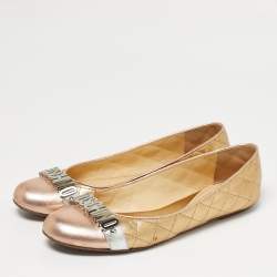 Pre Owned Moschino Gold Leather Logo Embellished Ballet Flats Size 38
