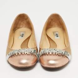 Pre Owned Moschino Gold Leather Logo Embellished Ballet Flats Size 38