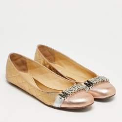 Pre Owned Moschino Gold Leather Logo Embellished Ballet Flats Size 38