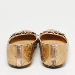 Pre Owned Moschino Gold Leather Logo Embellished Ballet Flats Size 38