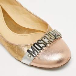 Pre Owned Moschino Gold Leather Logo Embellished Ballet Flats Size 38