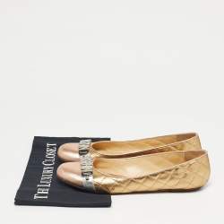 Pre Owned Moschino Gold Leather Logo Embellished Ballet Flats Size 38