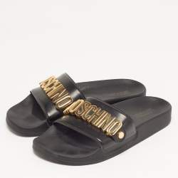 Pre Owned Moschino Size 40 Black Leather logo Pool Slide