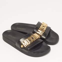 Pre Owned Moschino Size 40 Black Leather logo Pool Slide