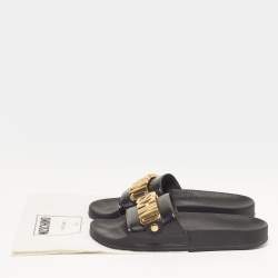 Pre Owned Moschino Size 40 Black Leather logo Pool Slide