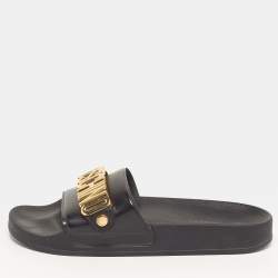 مملوكة مسبقًا Moschino Size 40 Black Leather logo Pool Slide