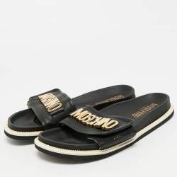 Pre Owned حذاء سلايد موسكينو مطاط أسود بشعار مقاس 37