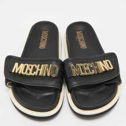 Pre Owned حذاء سلايد موسكينو مطاط أسود بشعار مقاس 37