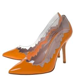 Moschino Cheap and Chic Orange Patent Leather Laser Cut Pumps Size 38