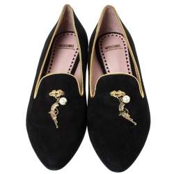 Pre Owned Moschino CheapAndChic Black Suede Gun And Pearl Embellished Ballet Flats Size 38