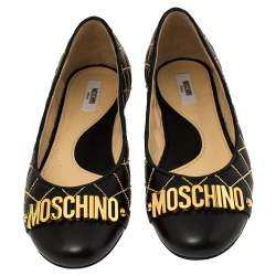 Moschino Black Leather Logo Embellished Ballerina Flats Size 40
