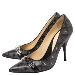 Moschino Grey/Black Leather Logo Embellished Pointed Toe Pumps Size 40