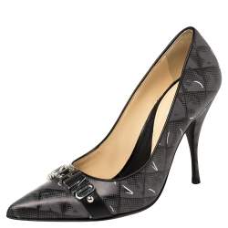 Moschino Grey/Black Leather Logo Embellished Pointed Toe Pumps Size 40