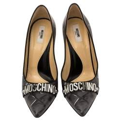 Moschino Grey/Black Leather Logo Embellished Pointed Toe Pumps Size 40
