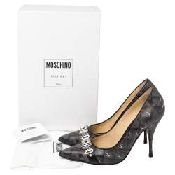 Moschino Grey/Black Leather Logo Embellished Pointed Toe Pumps Size 40