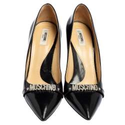 Moschino Black Leather Logo Crystal Embellished Pointed Toe Pumps Size 40