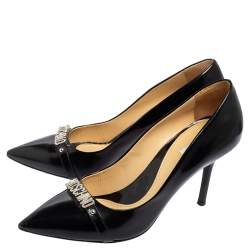 Moschino Black Leather Logo Crystal Embellished Pointed Toe Pumps Size 40