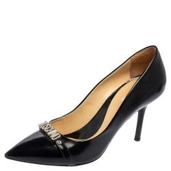 Moschino Black Leather Logo Crystal Embellished Pointed Toe Pumps Size 40