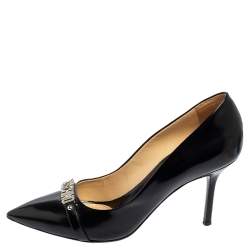 Moschino Black Leather Logo Crystal Embellished Pointed Toe Pumps Size 40