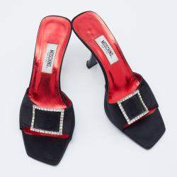Moschino Black Satin Crystal Embellished Slide Sandals Size 36