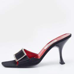 Moschino Black Satin Crystal Embellished Slide Sandals Size 36