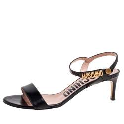 Moschino Black Leather Logo Plaque Ankle-Strap Sandals Size 37