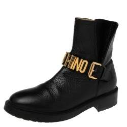 Pre Owned Moschino Black Leather Logo Chelsea  Boots Size 39