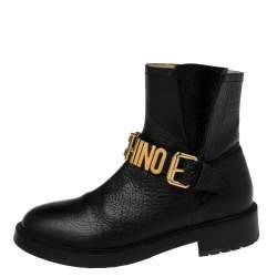 Pre Owned Moschino Black Leather Logo Chelsea  Boots Size 39