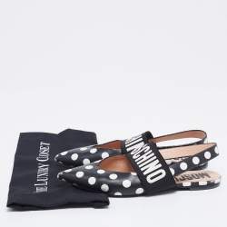 Moschino Black/White Polka Dot Leather and Logo Elastic Slingback Flats Size 39