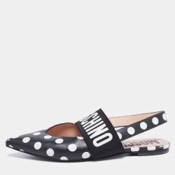 Moschino Black/White Polka Dot Leather and Logo Elastic Slingback Flats Size 39