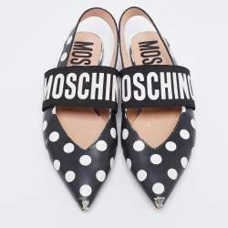 Moschino Black/White Polka Dot Leather and Logo Elastic Slingback Flats Size 39